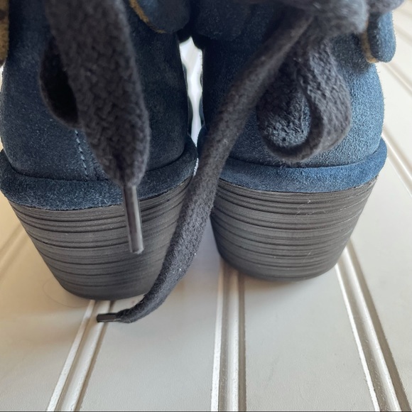 FLY LONDON Navy Suede Yama Tie Wedge Ankle Boots - Picture 4 of 7